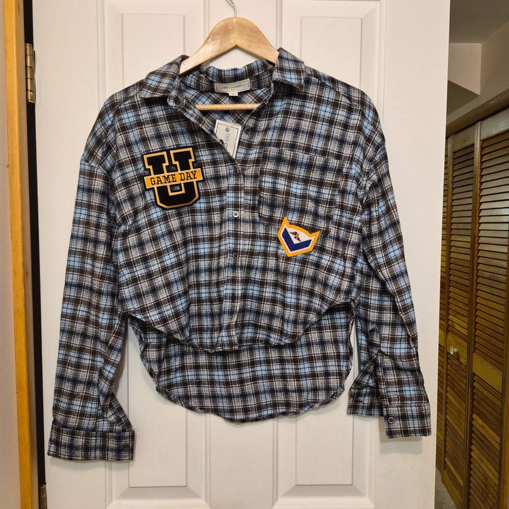 No Comment Womens Small Plaid Flannel Button Down Shirt Game Day Patches Blue